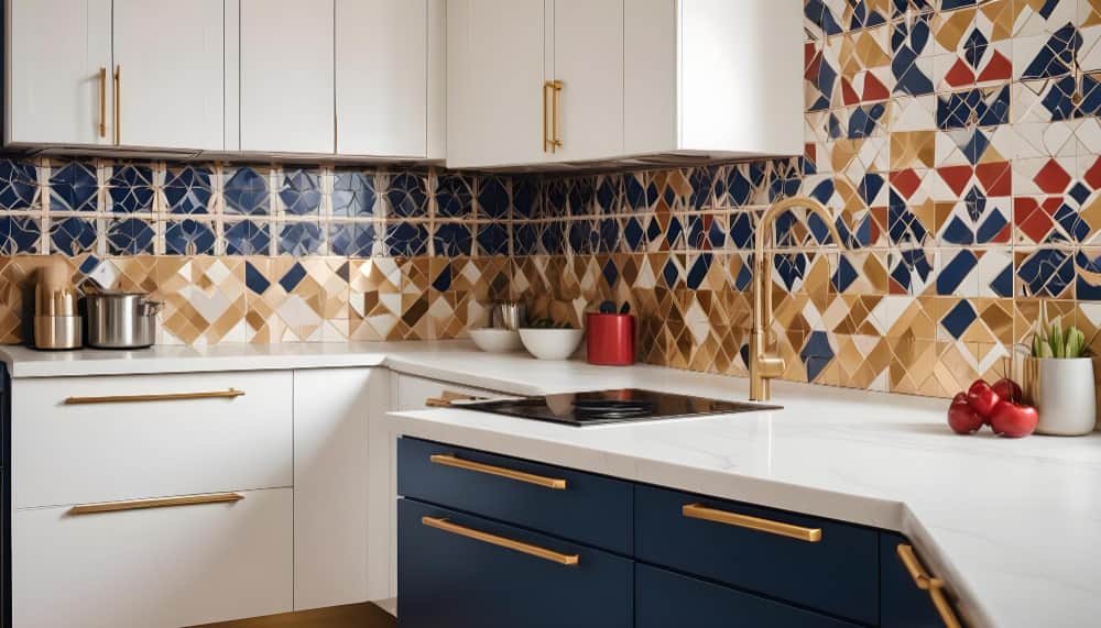 Cuisine moderne avec un plan de travail blanc et une crédence en céramique aux motifs géométriques bleu, doré et terracotta.