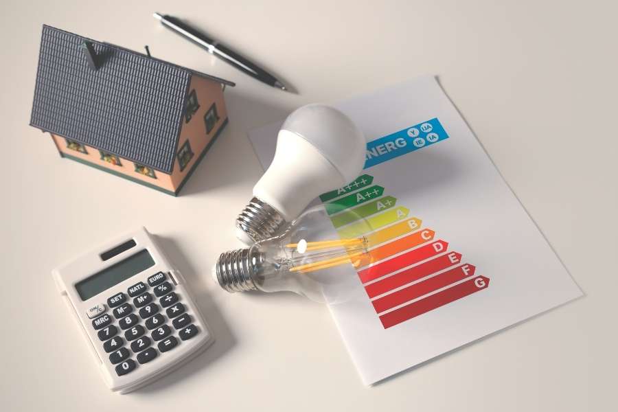 Une calculatrice, des ampoules et une étiquette énergétique sur une table, illustrant l'impact du DPE sur le budget.