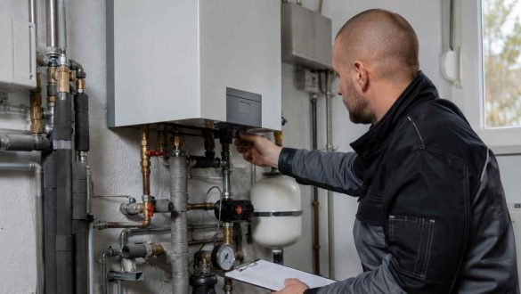 Un technicien utilise un tournevis pour purger ou ajuster un radiateur lors des travaux visant à remplacer ancien chauffage central.